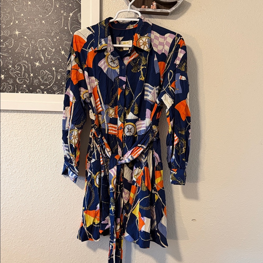 Anthropologie Blue and Orange Patterned Long Sleeve Dress